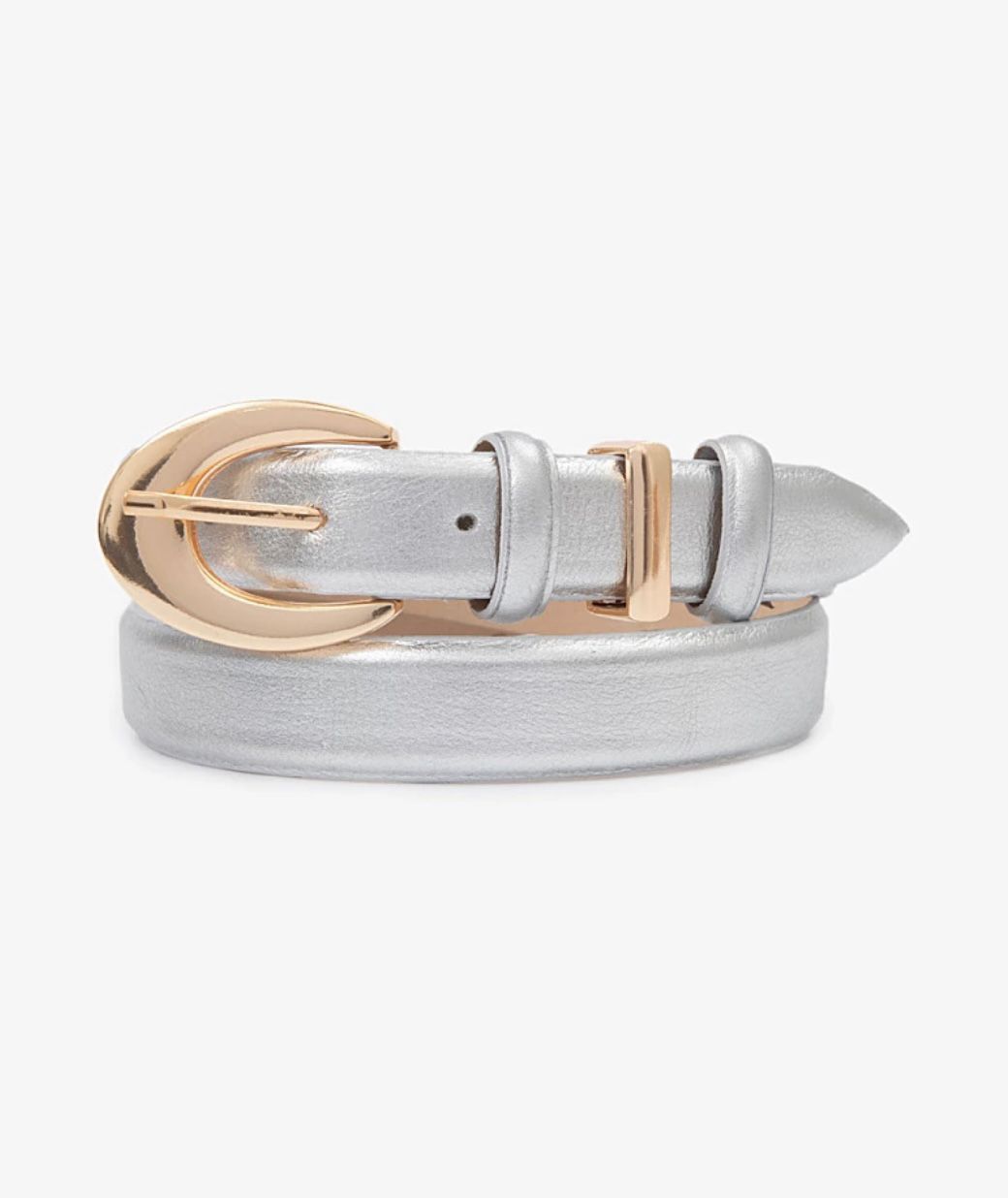 Cinto Emily (Couro Metalizado Prata com Fivela e Passante Dourado). Em até 4 x R$ 41,25. Sem Juros.