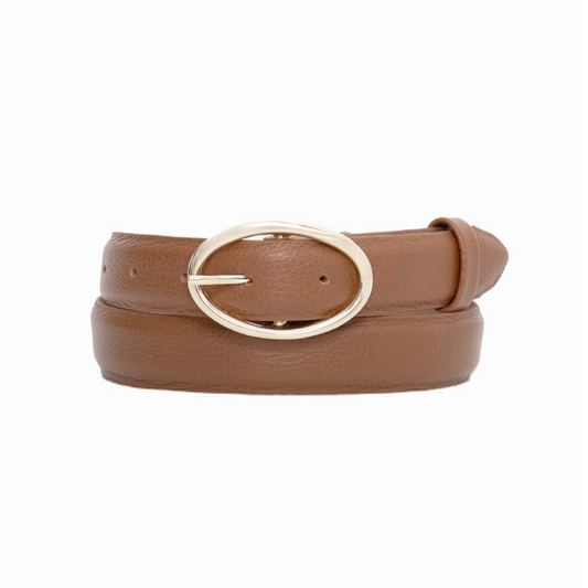 Cinto Bibiana (Couro Caramelo com Fivela Dourada). Em até 4x R$ 39,75. Sem juros.