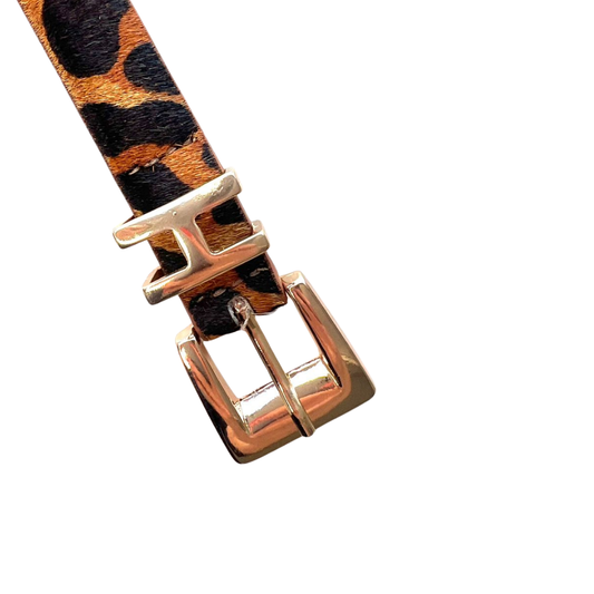 Cinto Couro Rê ( Animal Print Onça com Fivela e Passante Dourados). Em até 4x R$ 40,50.