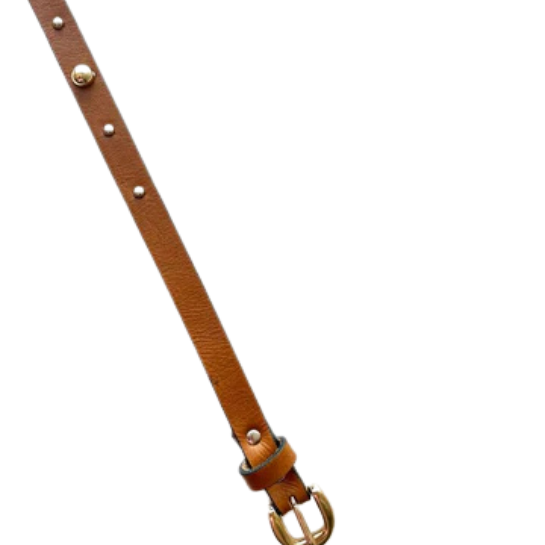 Cinto Couro Marjorie (Caramelo com detalhes e Fivela Dourada). Em até 4 x.