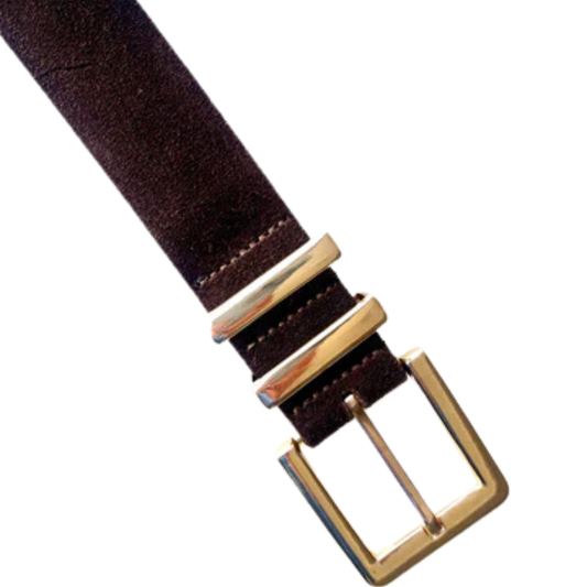 Cinto Couro Priscila (Camurça Marrom com Fivela Dourada). Em até 4x.